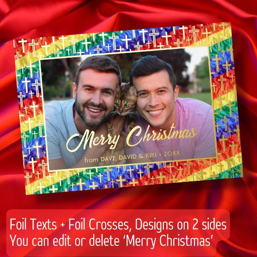 LGBTゲイのレインボーフラッグがクリスマスフォトカスタムに交差 箔シーズンカード