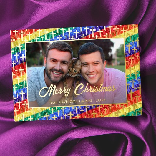LGBTゲイのレインボーフラッグがクリスマスフォトカスタムに交差 箔シーズンカード