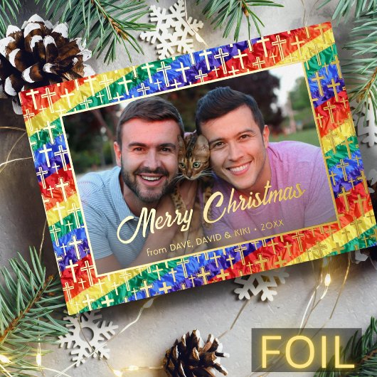 LGBTゲイのレインボーフラッグがクリスマスフォトカスタムに交差 箔シーズンカード