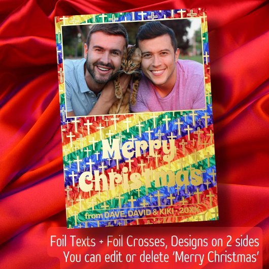 LGBTゲイカスタム写真レインボーフラッグがクリスマスを越える 箔シーズンカード