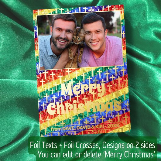 LGBTゲイカスタム写真レインボーフラッグがクリスマスを越える 箔シーズンカード