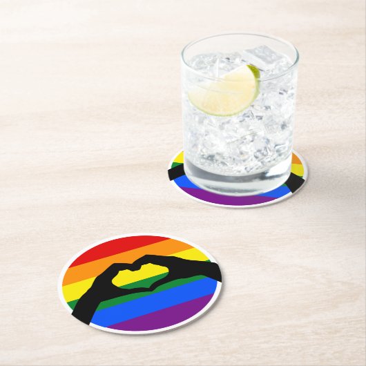 LGBTゲイプライドレインボーとハートハンドシルエット ラウンドペーパーコースター (インサイチュ)