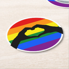 LGBTゲイプライドレインボーとハートハンドシルエット ラウンドペーパーコースター