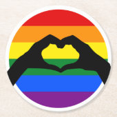 LGBTゲイプライドレインボーとハートハンドシルエット ラウンドペーパーコースター (正面)