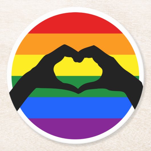 LGBTゲイプライドレインボーとハートハンドシルエット ラウンドペーパーコースター (正面)