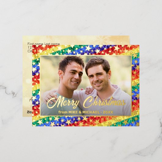 LGBTゲイ虹のフラッグのスターカスタム写真クリスマス 箔シーズンポストカード (正面/裏面)
