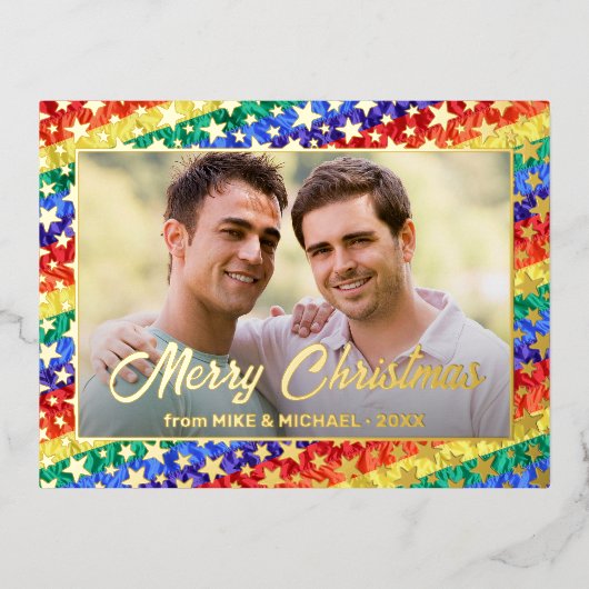 LGBTゲイ虹のフラッグのスターカスタム写真クリスマス 箔シーズンポストカード (正面)