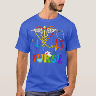 LGBTハートビート聴診器ナースレインボーF Tシャツ