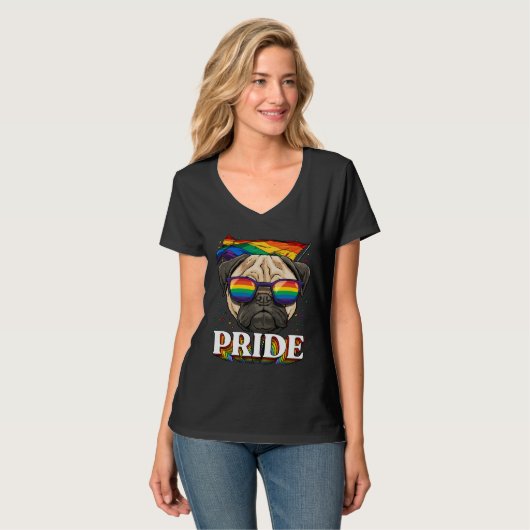 LGBTプグゲイプライドLGBTQレインボーフラッグサングラスE Tシャツ (正面フル)