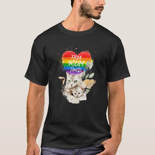 LGBTプライドママ猫と子猫フリー母ハグモテ Tシャツ (正面)