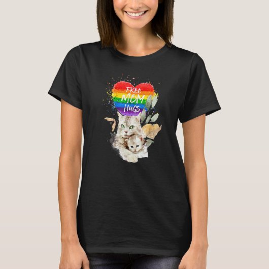 Lgbtプライドママ猫と子猫フリー母ハグモテ Tシャツ (正面)
