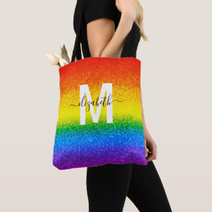 LGBTプライドレインボーグリッターモストライプノグラム名 トートバッグ