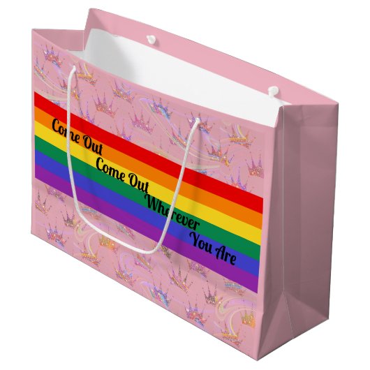 LGBTプライドレインボーフラッググラムシックグリッタークラウン ラージペーパーバッグ (正面アングル)