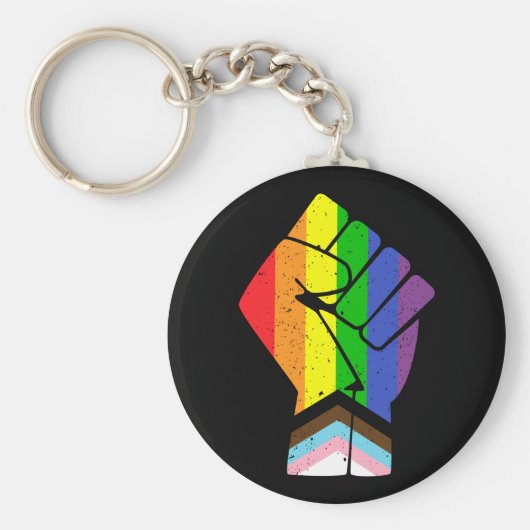 LGBTプライド（進歩）拳を上げた国旗 キーホルダー (正面)