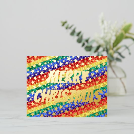 LGBTレインボーフラッグスターメリークリスマスタイポグラフィ 箔シーズンポストカード (立ち正面)