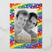 LGBTレインボー国旗の金ゴールドが白黒の写真をスター 箔シーズンカード (正面)