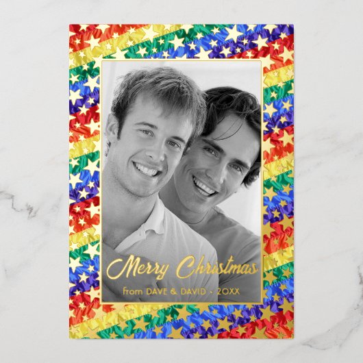 LGBTレインボー国旗の金ゴールドが白黒の写真をスター 箔シーズンカード (正面)
