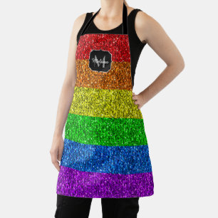 LGBT国旗のレインボー鮮やかグリッタースパークルモノグラム エプロン