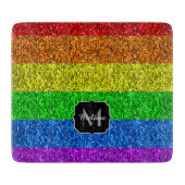 LGBT国旗のレインボー鮮やかグリッタースパークルモノグラム カッティングボード (正面)