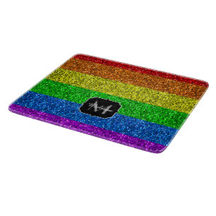 LGBT国旗のレインボー鮮やかグリッタースパークルモノグラム カッティングボード