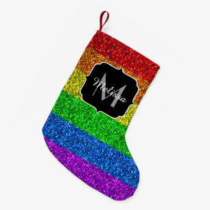 LGBT国旗のレインボー鮮やかグリッタースパークルモノグラム スモールクリスマスストッキング