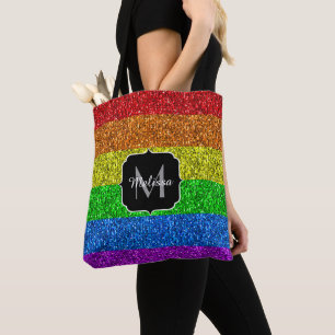 LGBT国旗のレインボー鮮やかグリッタースパークルモノグラム トートバッグ