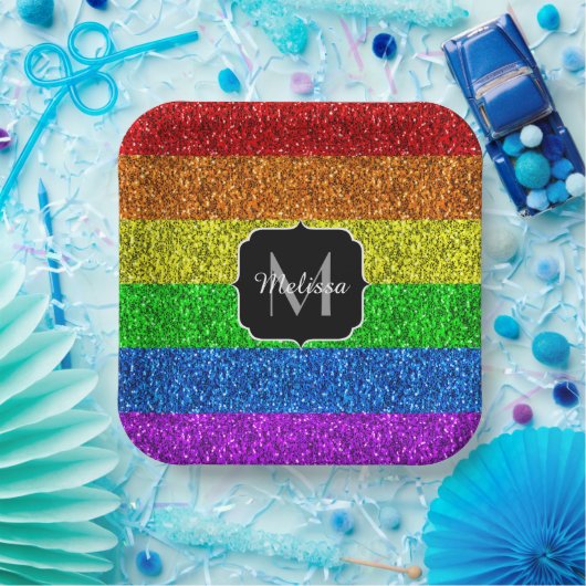 LGBT国旗のレインボー鮮やかグリッタースパークルモノグラム ペーパープレート (パーティー)