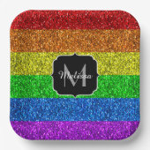LGBT国旗のレインボー鮮やかグリッタースパークルモノグラム ペーパープレート (正面)