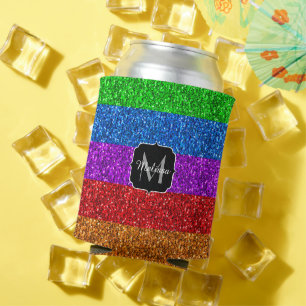 LGBT国旗のレインボー鮮やかグリッタースパークルモノグラム 缶クーラー