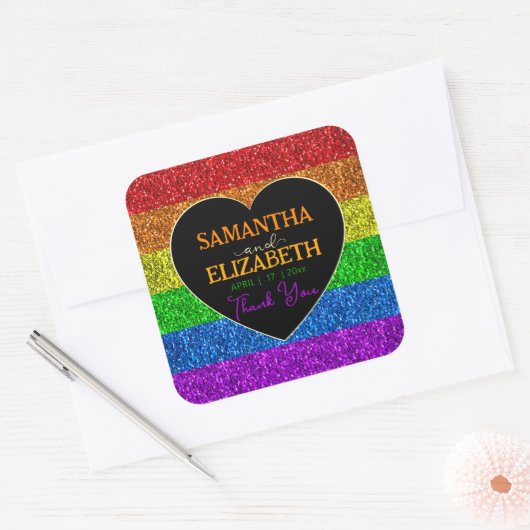 LGBT国旗の虹の輝きハート結婚の感謝 スクエアシール (封筒)