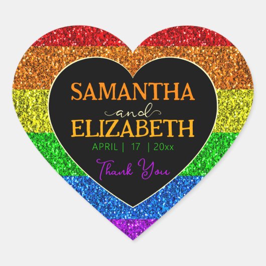 LGBT国旗の虹の輝きハート結婚の感謝 ハートシール (正面)