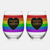 LGBT国旗の虹の輝き結婚ハート ステムなしワイングラス (裏面)