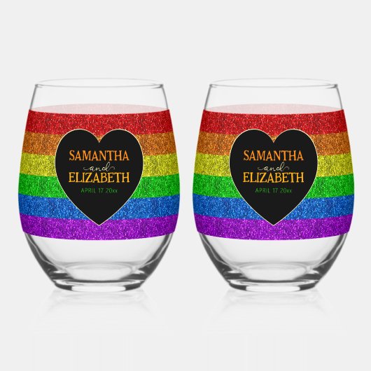 LGBT国旗の虹の輝き結婚ハート ステムなしワイングラス (裏面)
