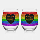 LGBT国旗の虹の輝き結婚ハート ステムなしワイングラス (正面)