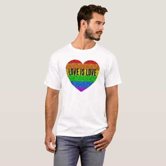 LGBT国旗鮮やかのハート愛は愛である Tシャツ (正面フル)