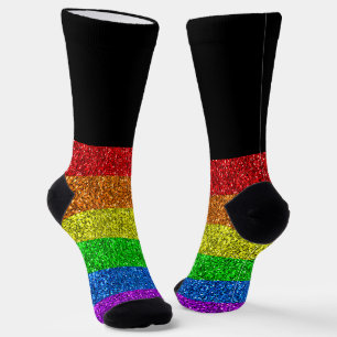 LGBT国旗鮮やかのレインボーグリッターが黒に輝く ソックス