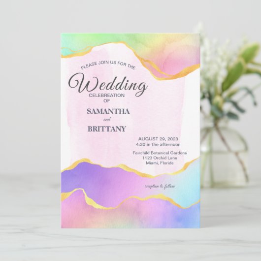 LGBT金ゴールド&レインボーウォーター結婚式招待状 カード (スタンド正面)