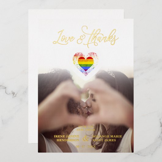 LGBT レインボープライド ハートフォト Chic Love & Thanks 箔招待状 (正面/裏面)