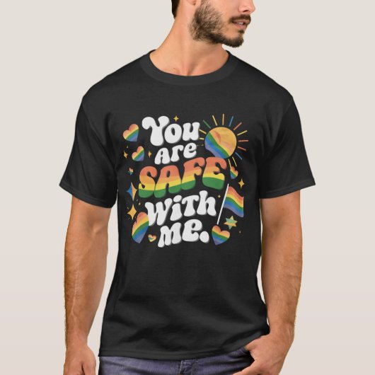 LGBT レインボー ゲイ 私と一緒なら安心 Tシャツ (正面)