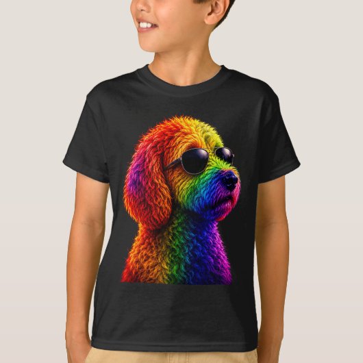 LGBT レインボー ゴールデンドゥードル サングラス ゲイ Tシャツ (正面)