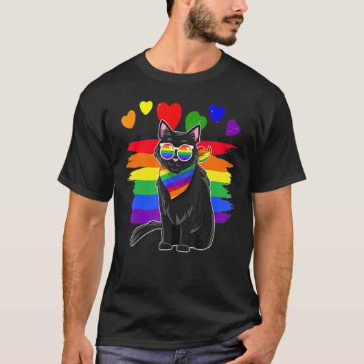 LGBT 黒猫 ゲイ プライド レインボー LGBTQ Tシャツ (正面)