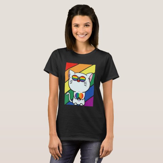 LGBT Flag Gay Pride Month Rainbow Cute Cat With LG Tシャツ (正面フル)