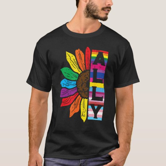 Lgbt Gay Ally Sunflower Rainbow Pride Flag Men Wom Tシャツ (正面)