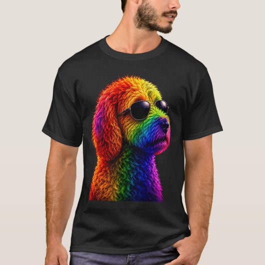 Lgbt rainbow goldendoodle with sunglasses gay tシャツ (正面)