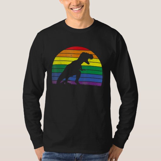 LGBT Rex Gay Pride Lesbian Dinosaur Sunset Retro V Tシャツ (正面)