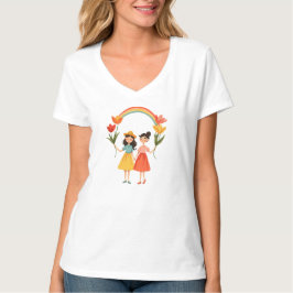 LGBTQの2人の女性がチューリップを持ってレインボーループ Tシャツ