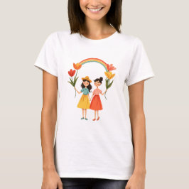 LGBTQの2人の女性がチューリップを持ってレインボーループ Tシャツ