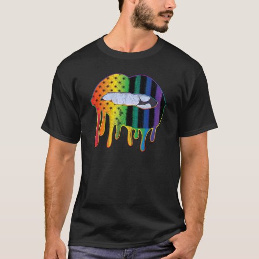 Lgbtqアメリカ国旗のパターンリップレインボーゲイプライド Tシャツ (正面)