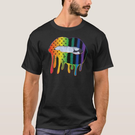 Lgbtqアメリカ国旗のパターンリップレインボーゲイプライド Tシャツ (正面)