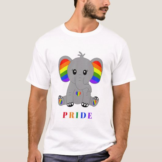 LGBTQゲイプライド – 虹の旗を持つ可愛い象 Tシャツ (正面)